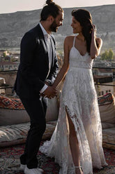 Charming Ivory Boho Lace Bohemian Long Beach Wedding Dresses Bridal Dress